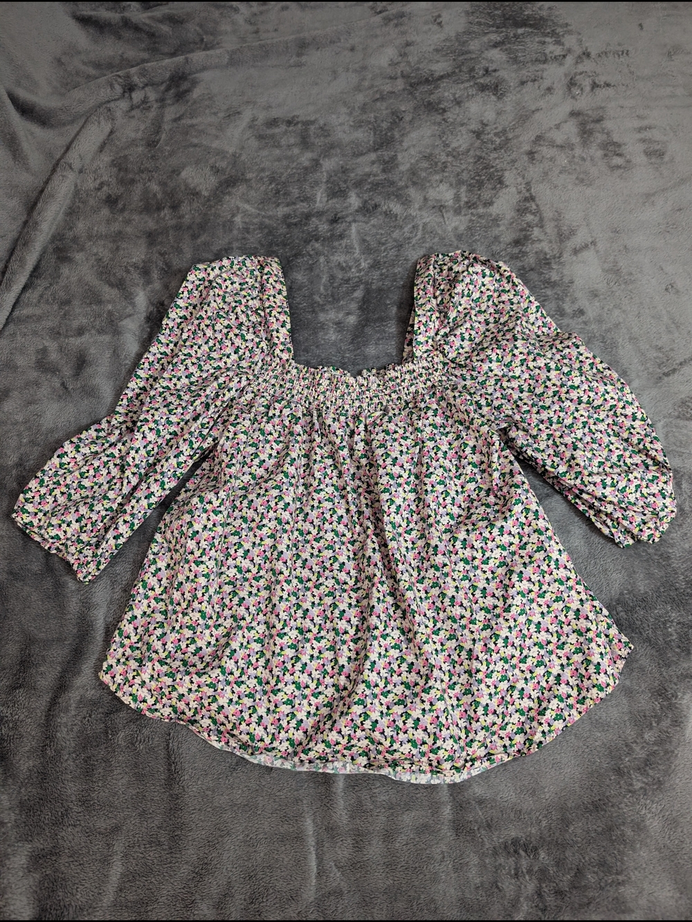 H&M Pink Floral Smocked Square-Neck Blouse